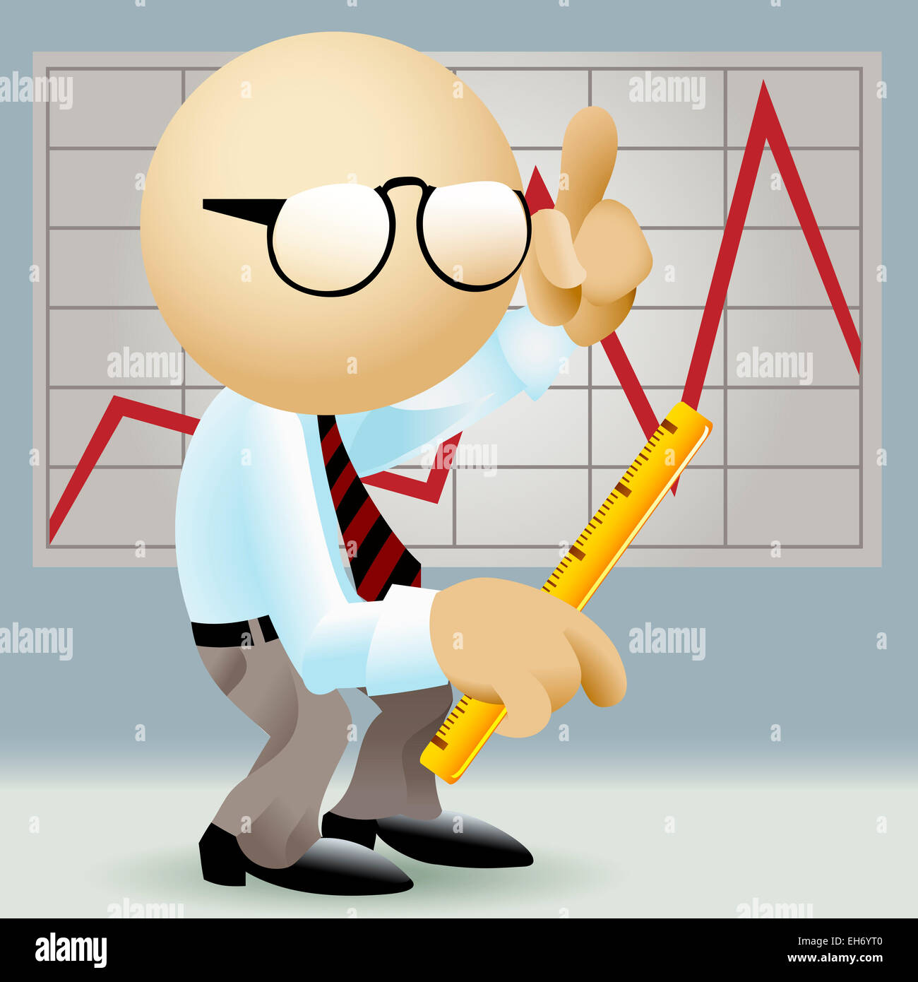 Illustration der vereinfachten Mann im Büro Kleidung gegen eine Wand mit Diagramm mit einem Lineal in der Hand in einem Prozess der finanziellen ein Stockfoto
