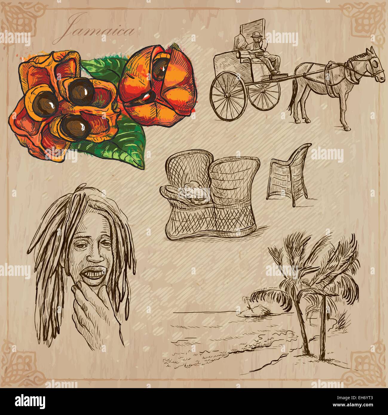Reisen: Jamaika (Set Nr. 9) - Sammlung von einer Hand gezeichnet Vektor-Illustrationen. Jede Zeichnung bestehen aus drei Schichten von Linien, die Stock Vektor