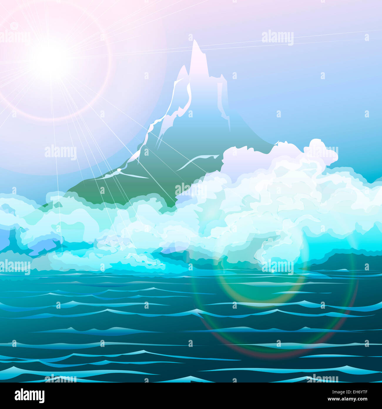 Illustration der Uferlinie Morgennebel und Berg in den frühen Morgenstunden gedeckt Stockfoto