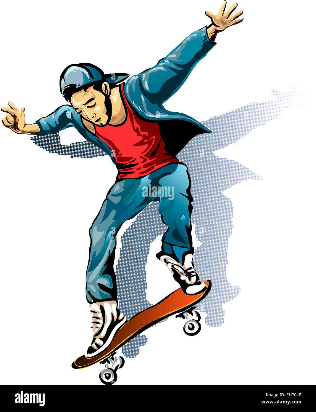 Abbildung mit jungen Mann auf dem Skateboard in Skizze Stil gezeichnet Stockfoto
