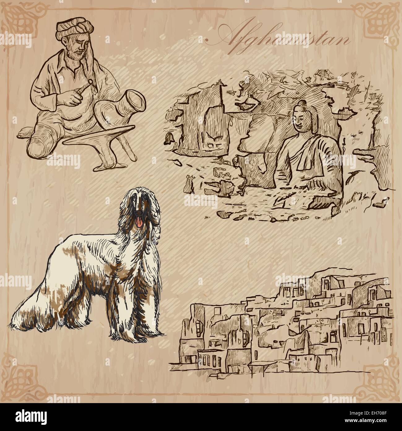 Serie Reisen: AFGHANISTAN (Set Nr. 2) - Sammlung von einem Vektor-Illustrationen von Hand gezeichnet. Jede Zeichnung bestehen aus drei Schichten Stock Vektor