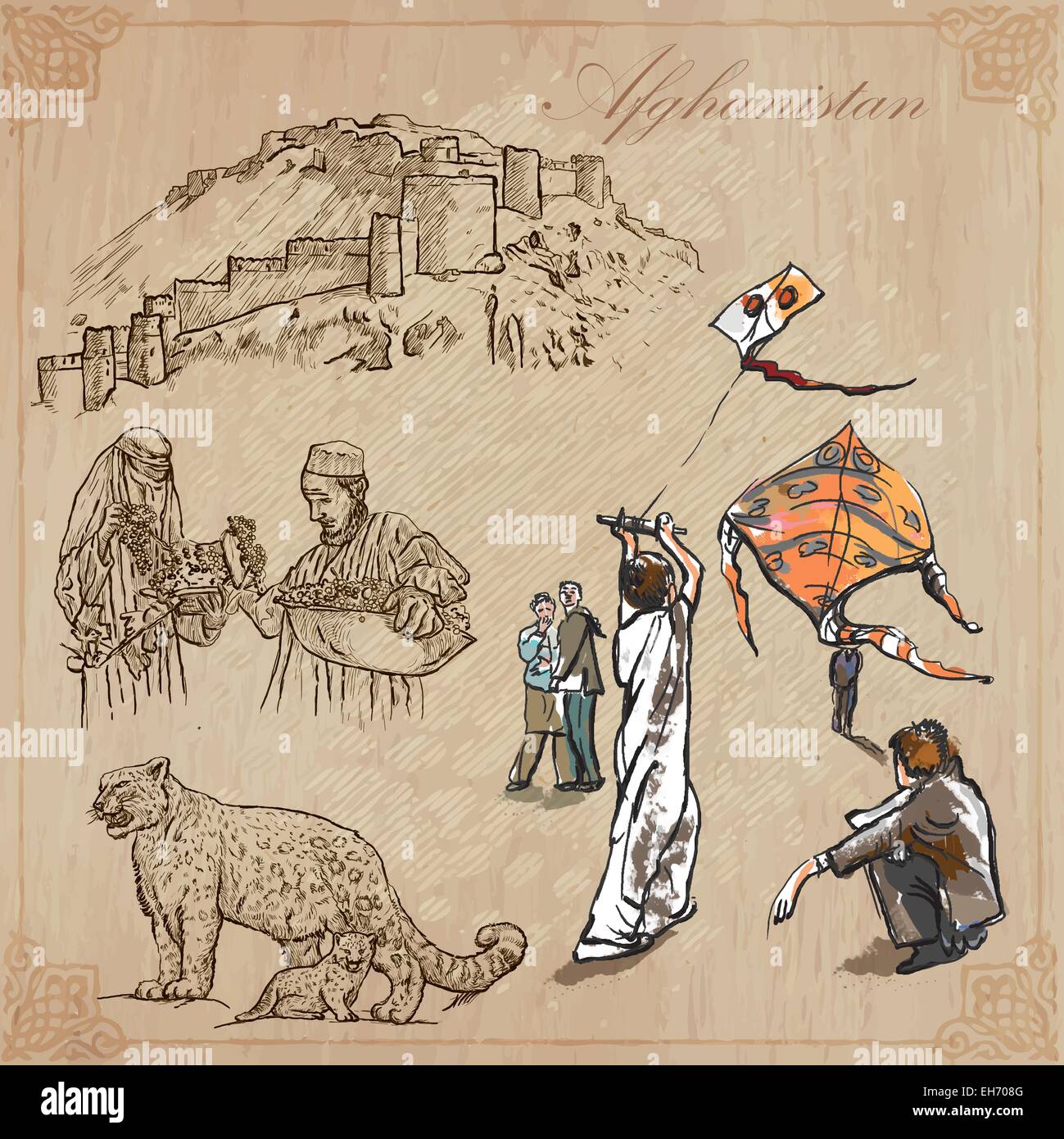 Serie Reisen: AFGHANISTAN (Set No. 1) - Sammlung von einem Vektor-Illustrationen von Hand gezeichnet. Jede Zeichnung bestehen aus drei Schichten Stock Vektor