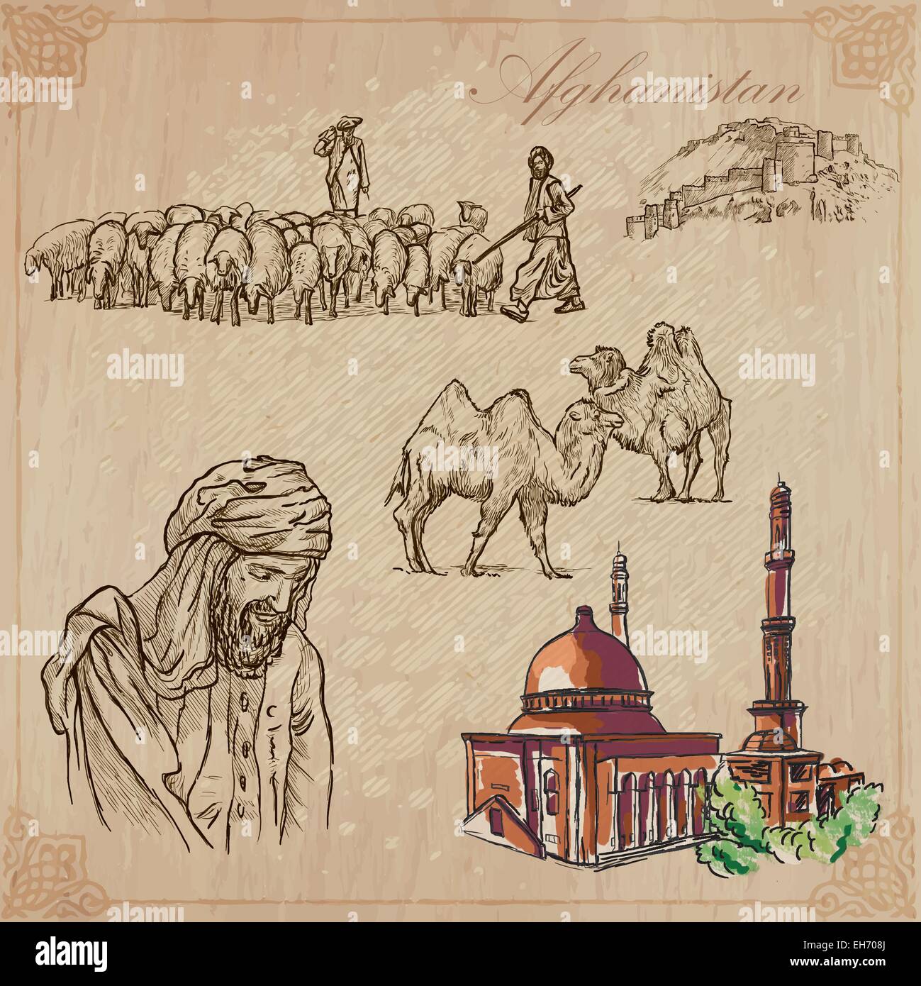 Serie Reisen: AFGHANISTAN (Set Nr. 3) - Sammlung von einem Vektor-Illustrationen von Hand gezeichnet. Jede Zeichnung bestehen aus drei Schichten Stock Vektor