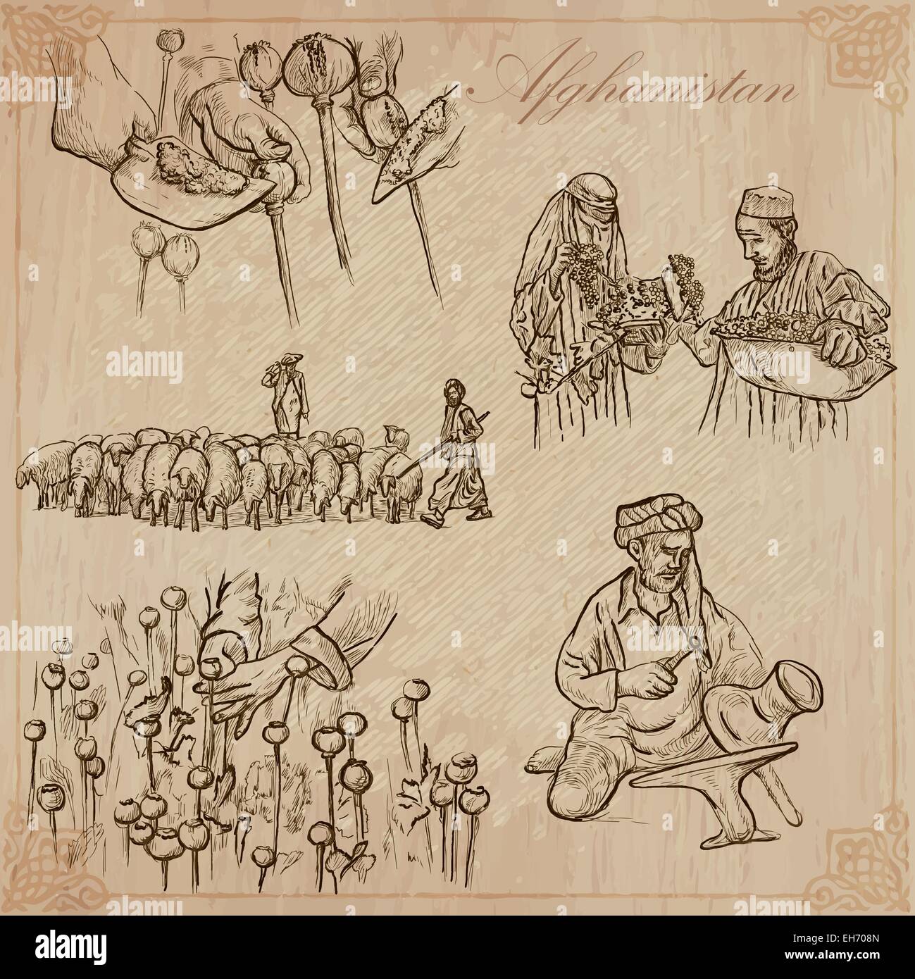 Serie Reisen: AFGHANISTAN (Set No. 1) - Sammlung von einem Vektor-Illustrationen von Hand gezeichnet. Jede Zeichnung bestehen aus drei Schichten Stock Vektor