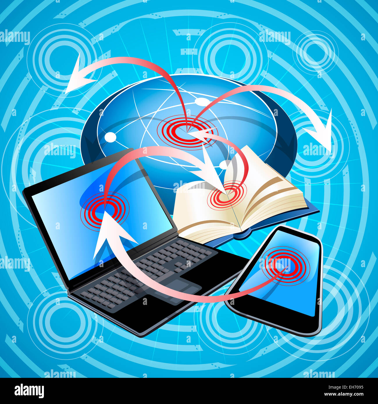 Abbildung mit Laptop, Handy und Buch zeigt Möglichkeiten der Suche nach den notwendigen Informationen in der modernen Welt Stockfoto