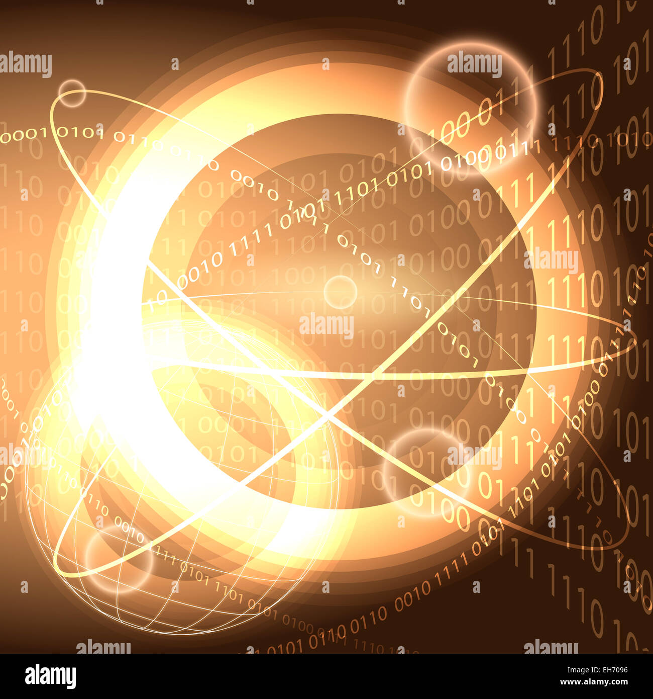 Abbildung mit leuchtenden Kreisen und Luftblasen futuristische Binär-Code Hintergrund als Metapher des globalen kybernetischer Raum Stockfoto