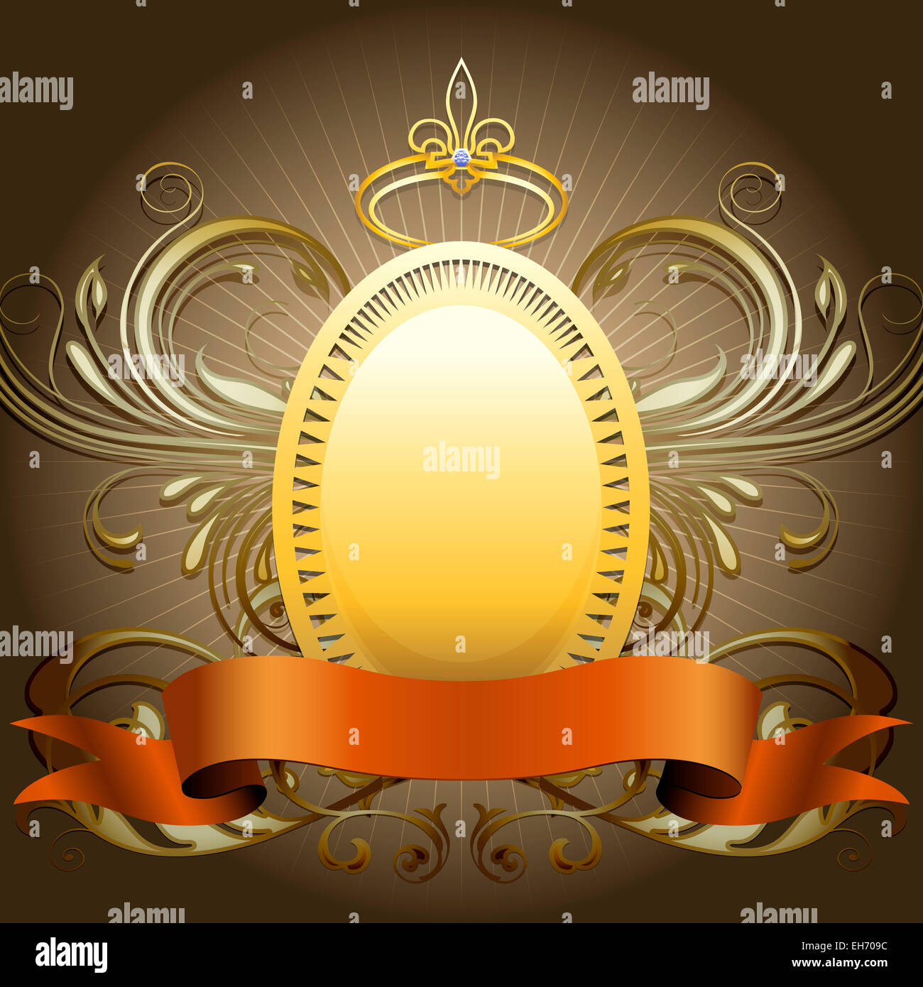 Der goldene Schild mit Krone und Band vor einem dunklen Hintergrund gezeichnet im klassischen Stil Stockfoto