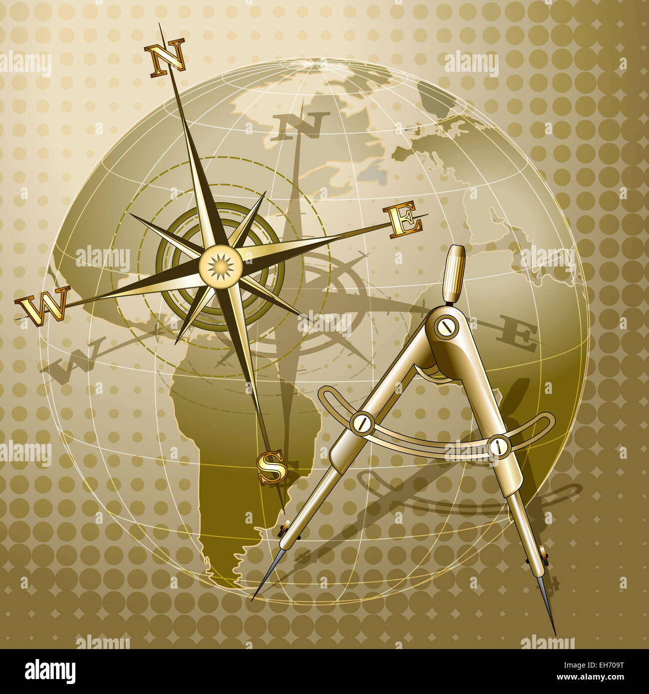 Abbildung mit Trennwand und Windrose gegen Globus gezeichnet im retro-Stil mit Halbton-Muster Stockfoto