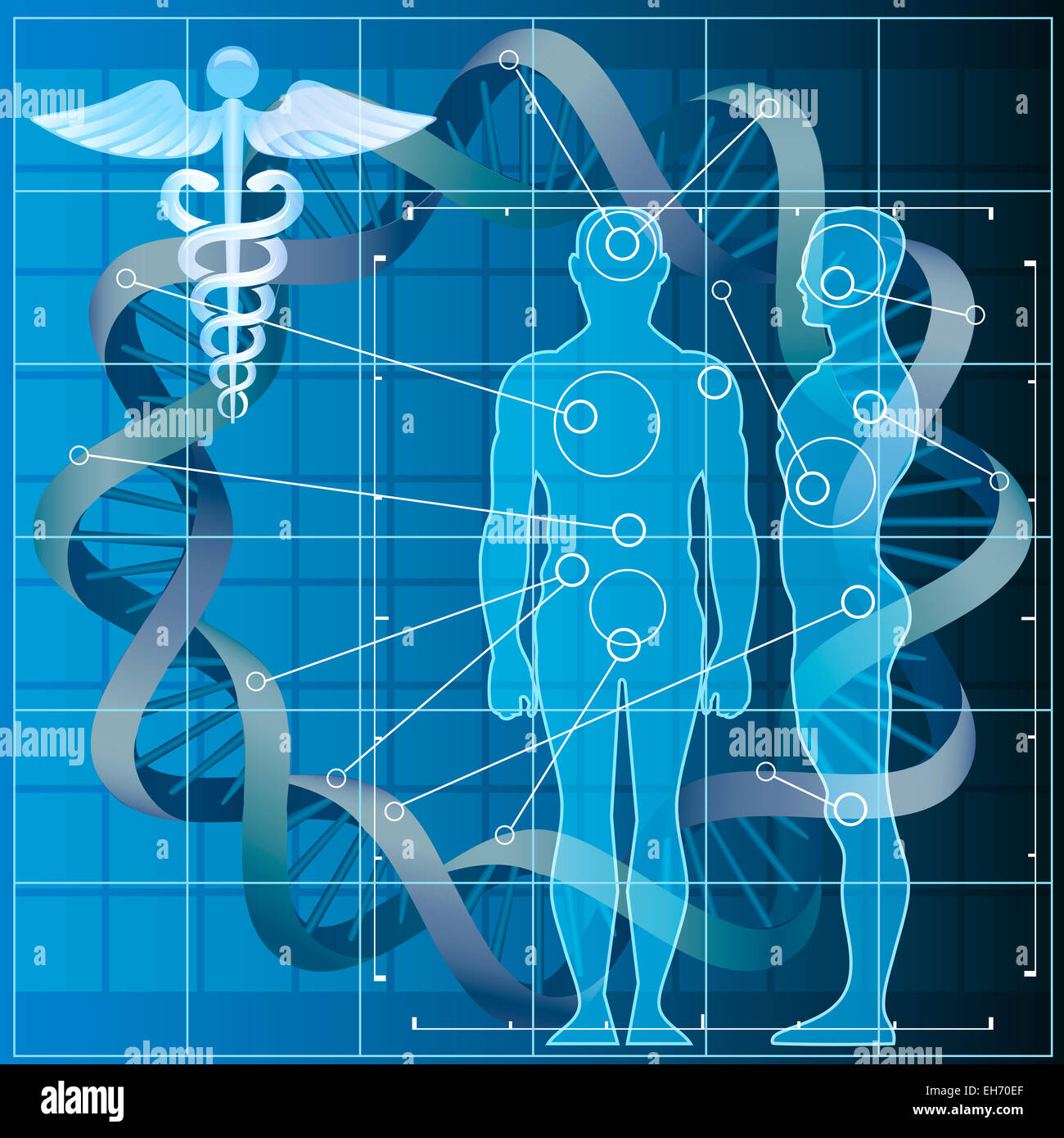 Illustration mit Doppelhelix und menschliche Silhouetten als Allegorie der medizinischen genetischen Code Forschungen Stockfoto