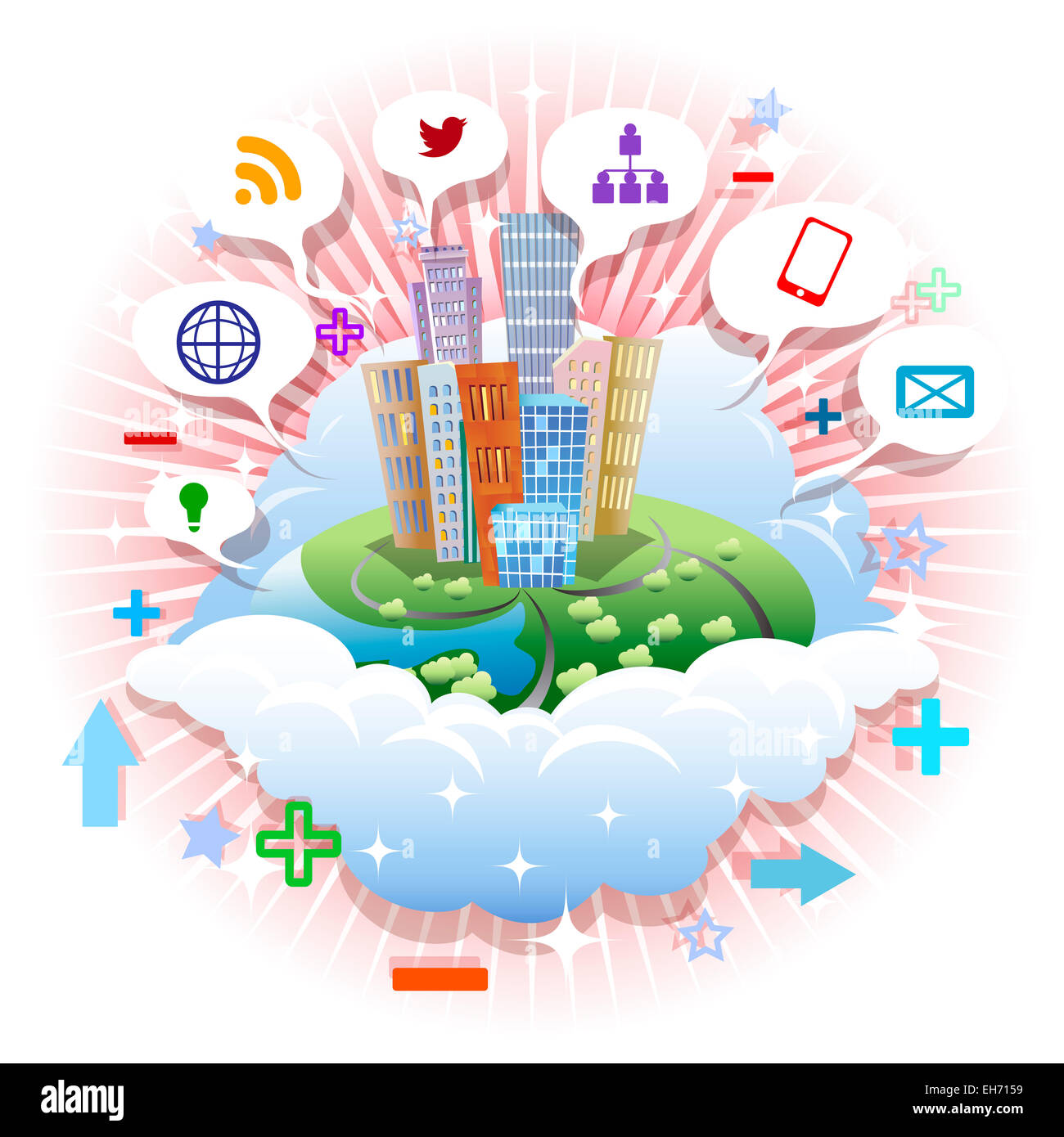 Abstrakte Darstellung mit Stadt und social-Media-Symbol auf einem Wolken schweben in der Luft angesaugt Grafik Icon-Stil Stockfoto
