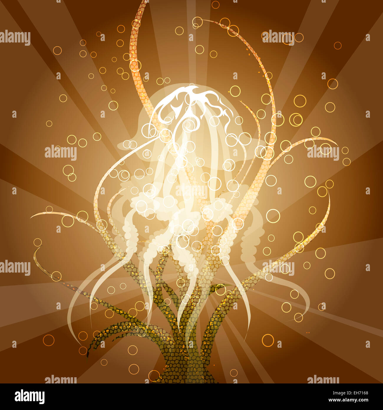 Abbildung mit Algen und Quallen Hintergrund orange Bläschen im Fantasy-Comic-Stil gezeichnet Stockfoto