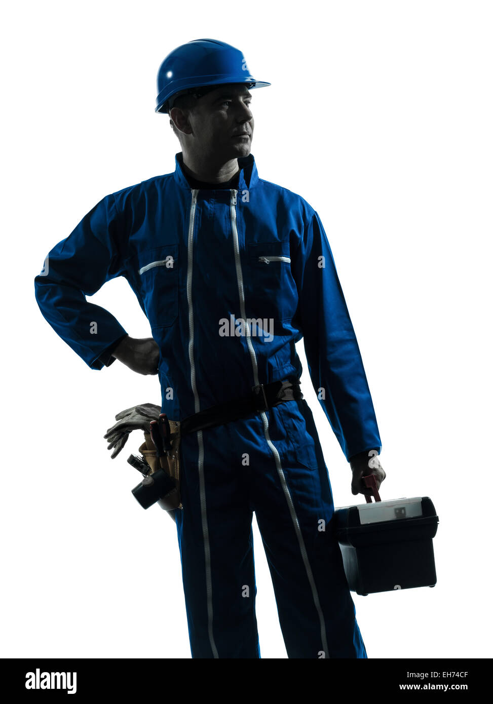 ein Mechaniker Arbeiter Silhouette im Studio auf weißem Hintergrund Stockfoto
