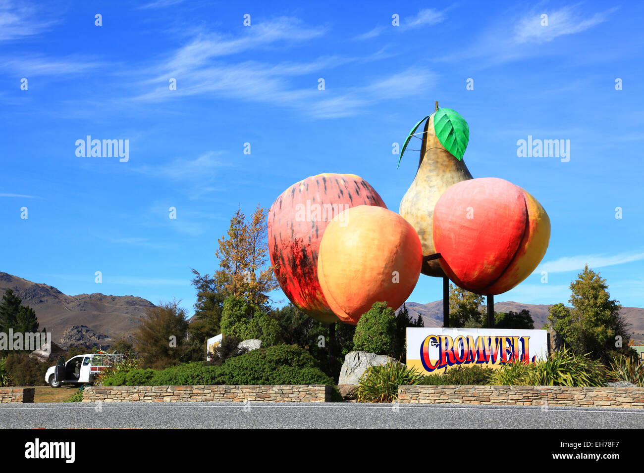 Obst-Logo von Cromwell Stadt in Neuseeland in der Nähe von Queenstown Stockfoto