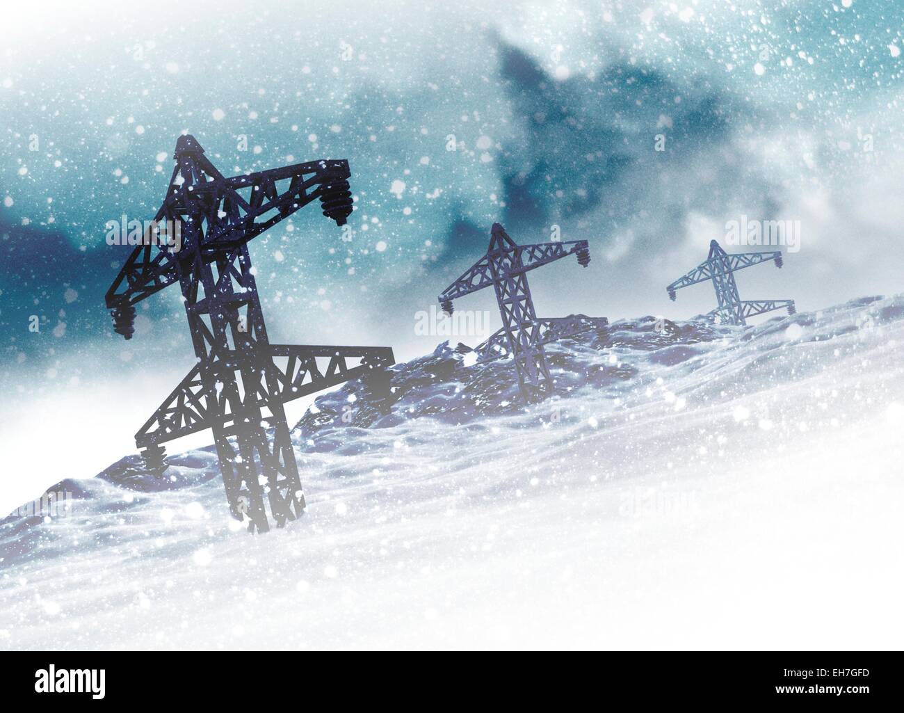 Strommasten auf Schnee, Kunstwerk Stockfoto