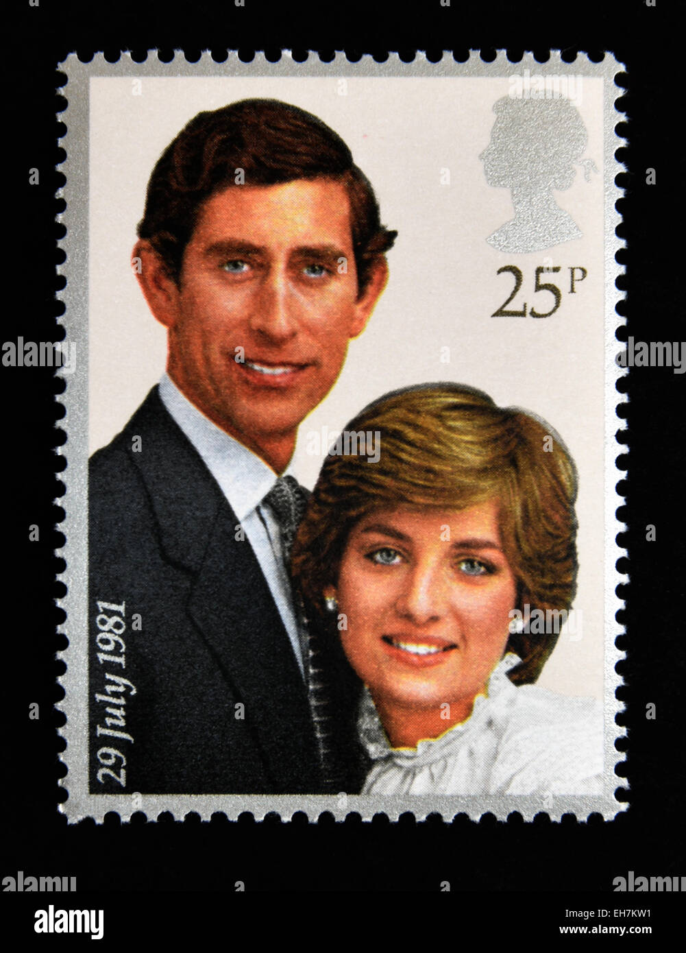 Briefmarke. Great Britain. Königin Elizabeth II. 1981.Royal Hochzeit, 29. Juli 1981. Prinz Charles und Lady Diana Spencer. 25p Stockfoto