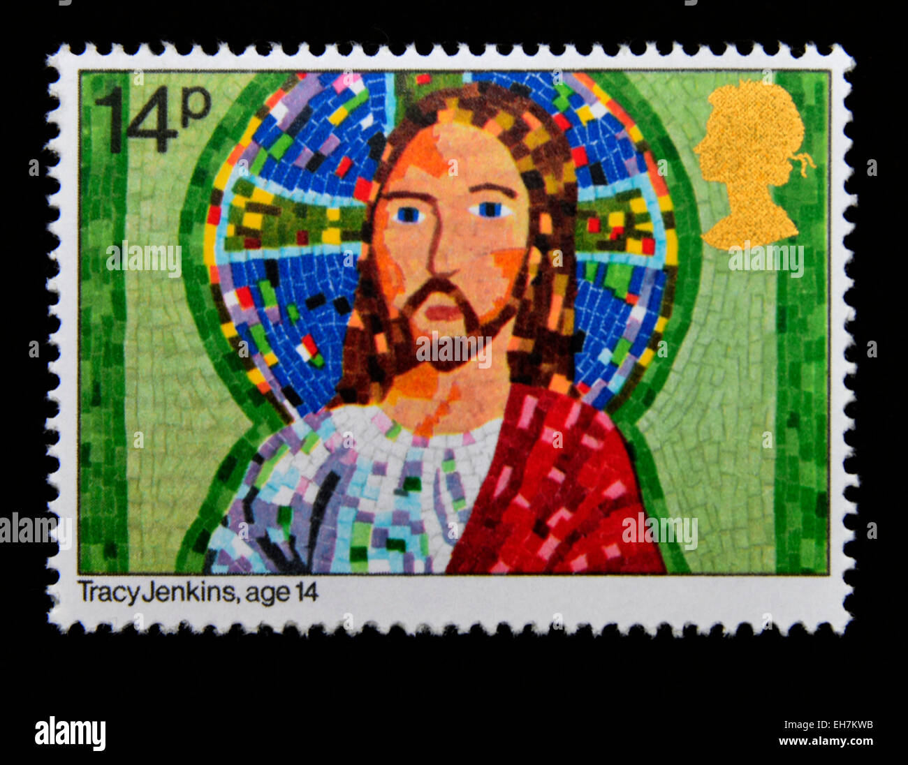 Briefmarke. Great Britain. Königin Elizabeth II. 1981. Weihnachten. Kinderbilder. Jesus Christus. 14p. Stockfoto