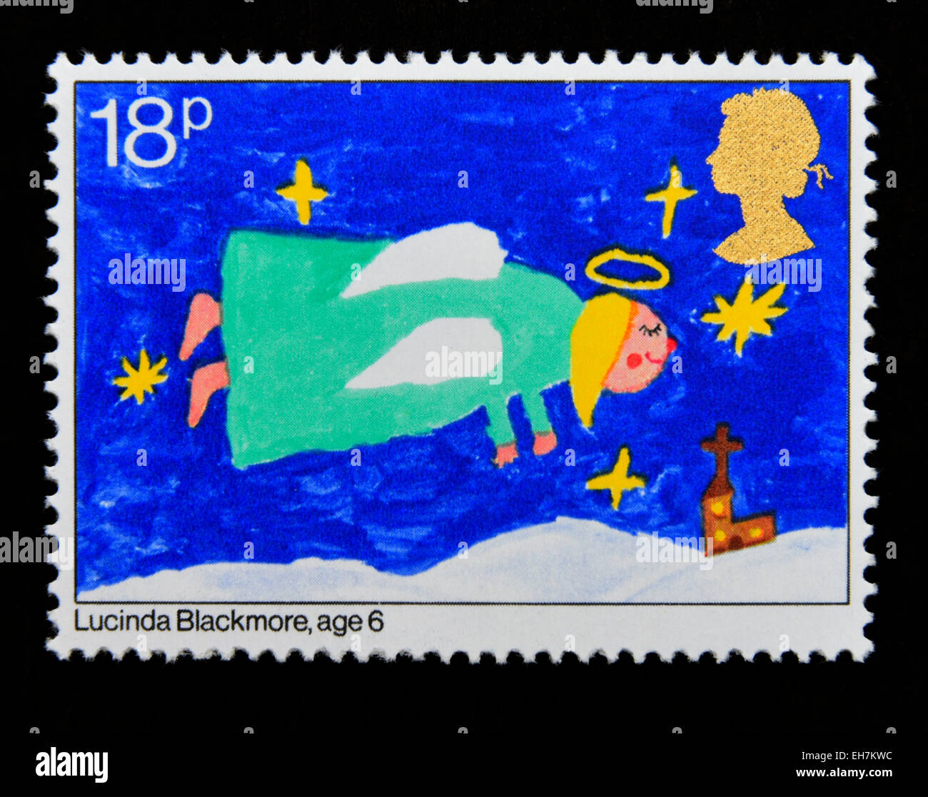 Briefmarke. Great Britain. Königin Elizabeth II. 1981. Weihnachten. Kinderbilder. Fliegende Engel. 18p. Stockfoto