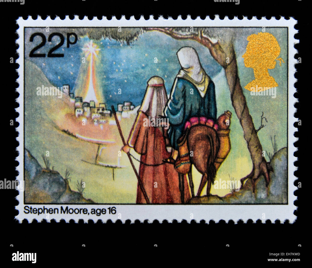 Briefmarke. Great Britain. Königin Elizabeth II. 1981. Weihnachten. Kinderbilder. Maria und Josef nach Bethlehem. Stockfoto