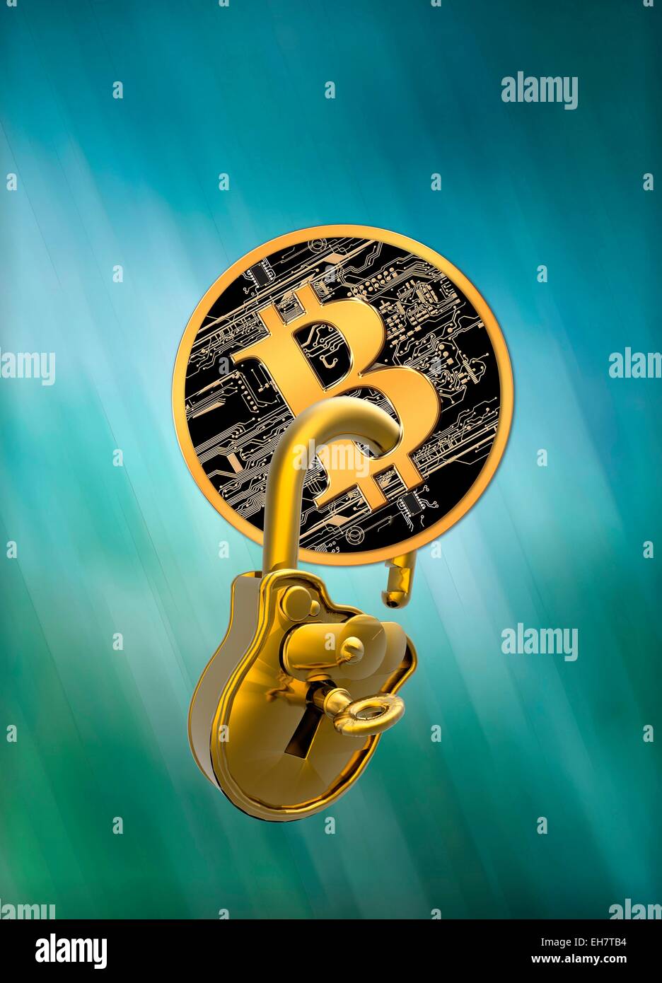Bitcoin und Vorhängeschloss, Abbildung Stockfoto