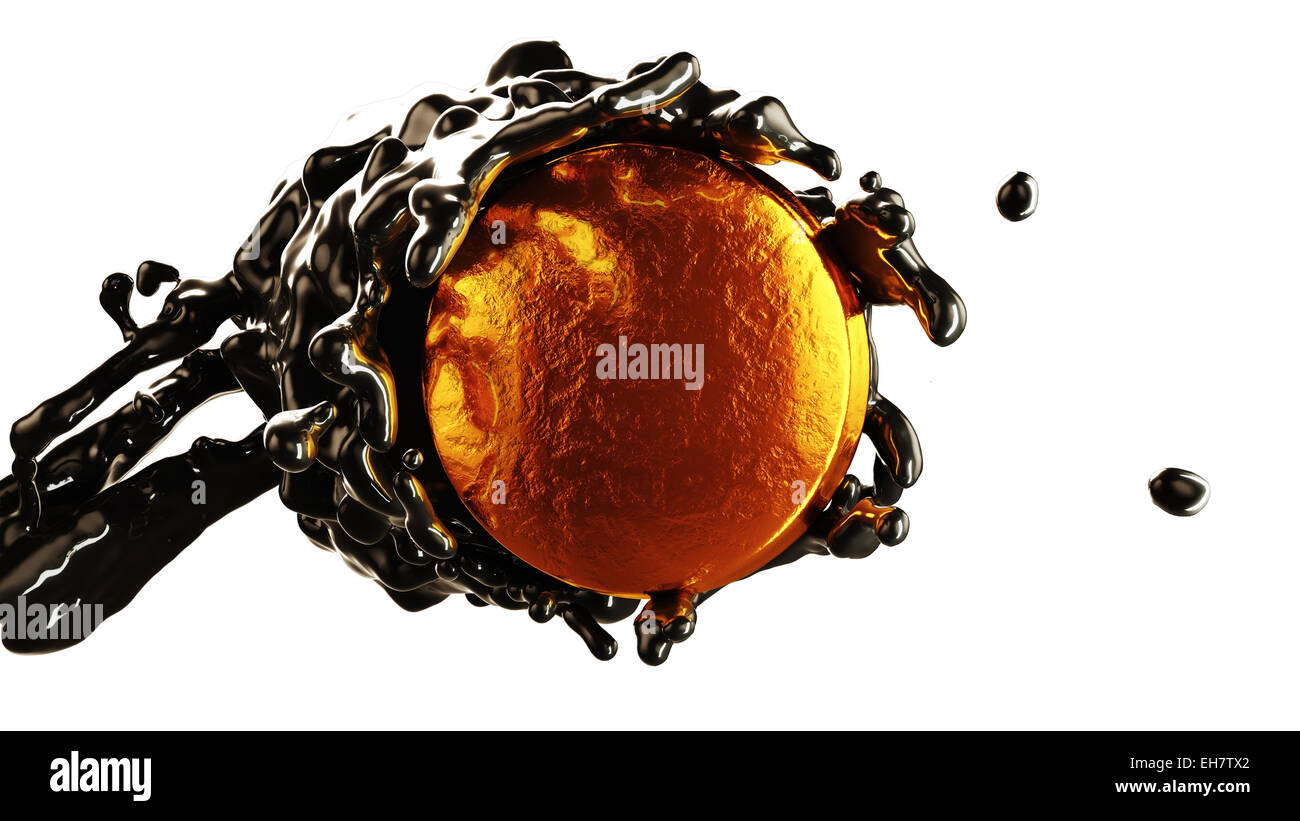 Ölindustrie: Rohöl fließen über goldene Münze isoliert auf weiss Stockfoto