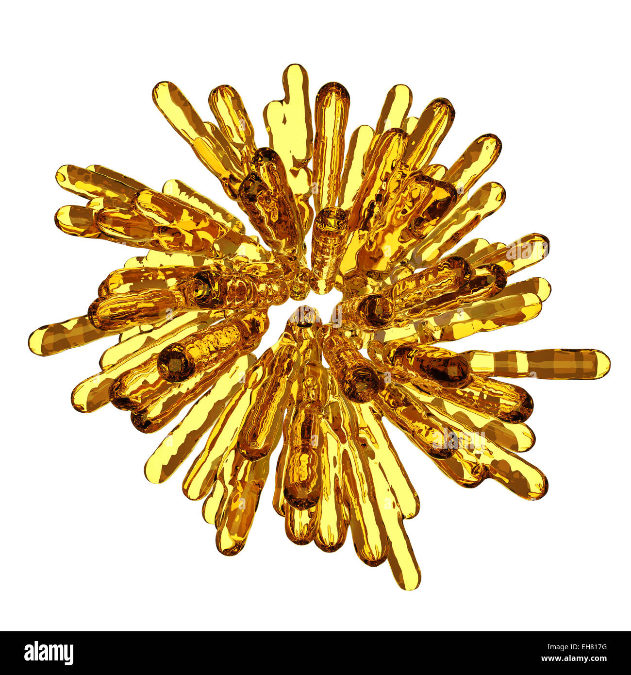 Goldene gefrorene Flüssigkeit Spalten in abstrakte Kugelform auf weiß Stockfoto