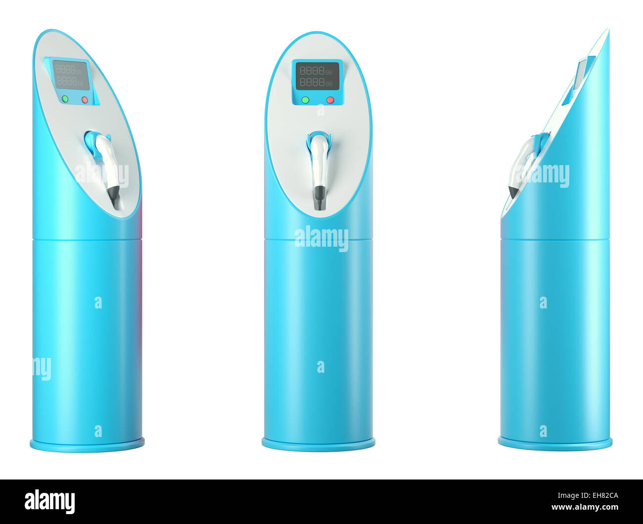 Ökologie und Transport: Gruppe von Ladestationen auf weiß blau Stockfoto