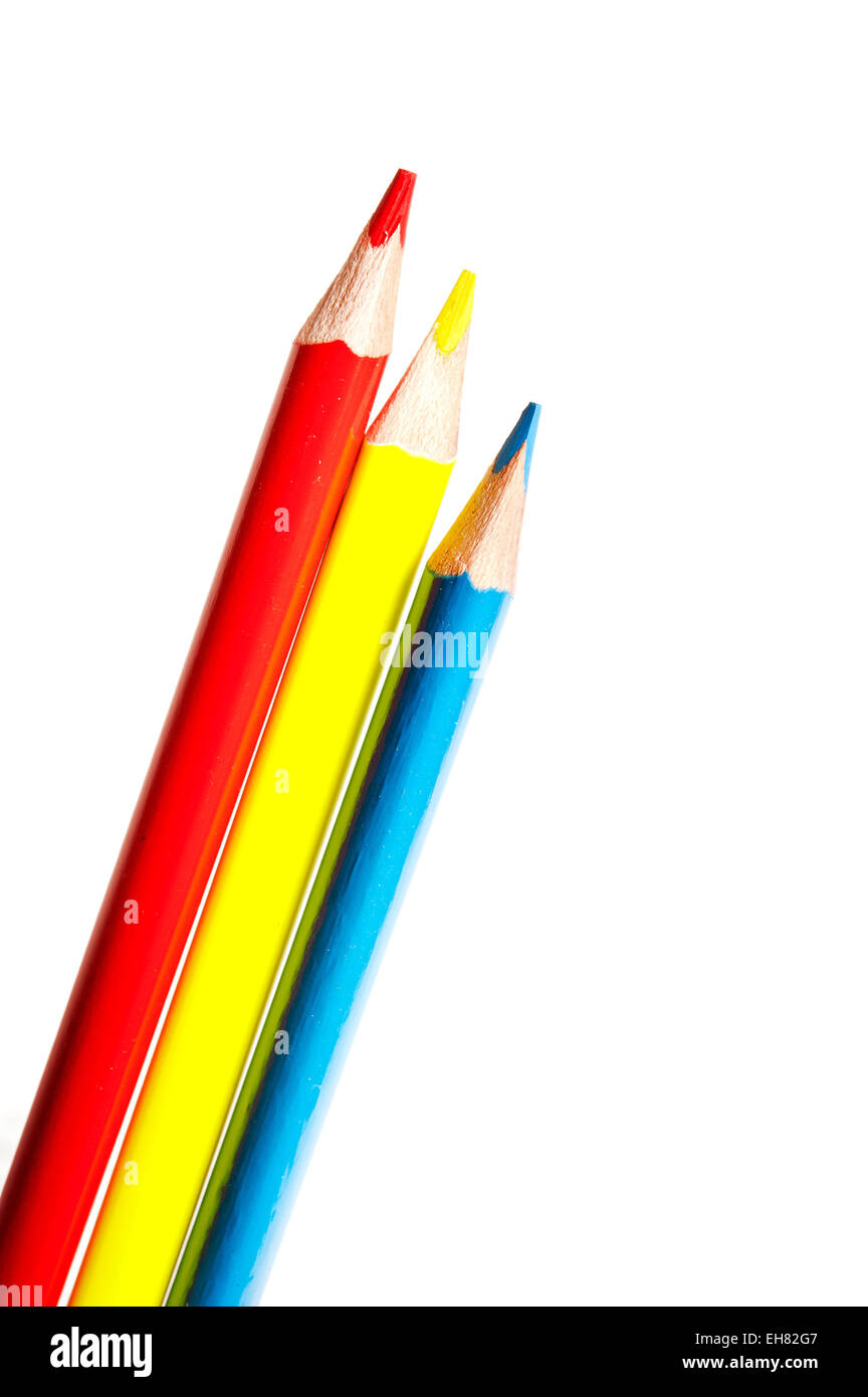 blau gelb und rot Bleistifte Stockfoto