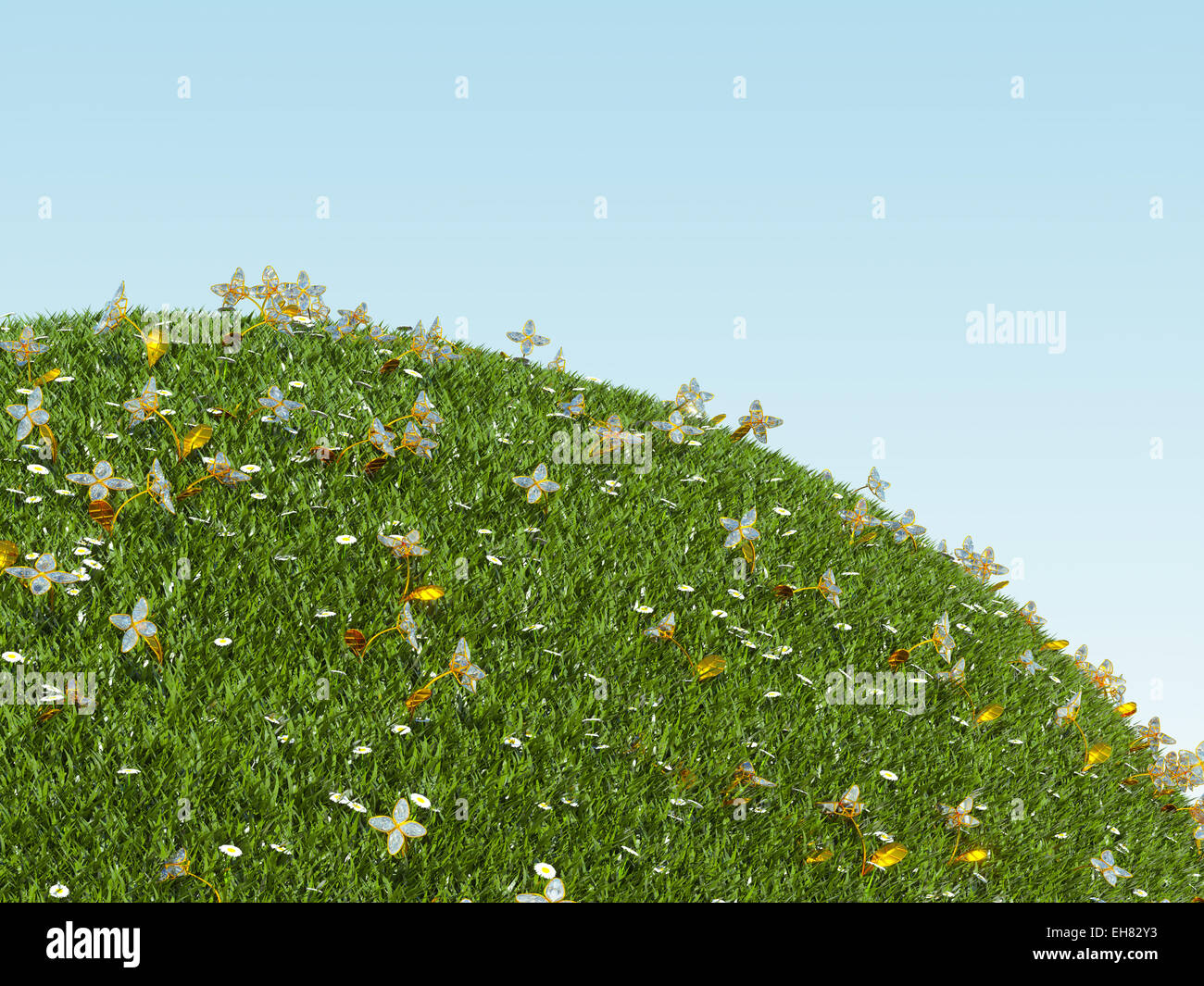 Land zu schätzen: grüner Planet mit Diamant Blumen. Blauer Himmel Stockfoto