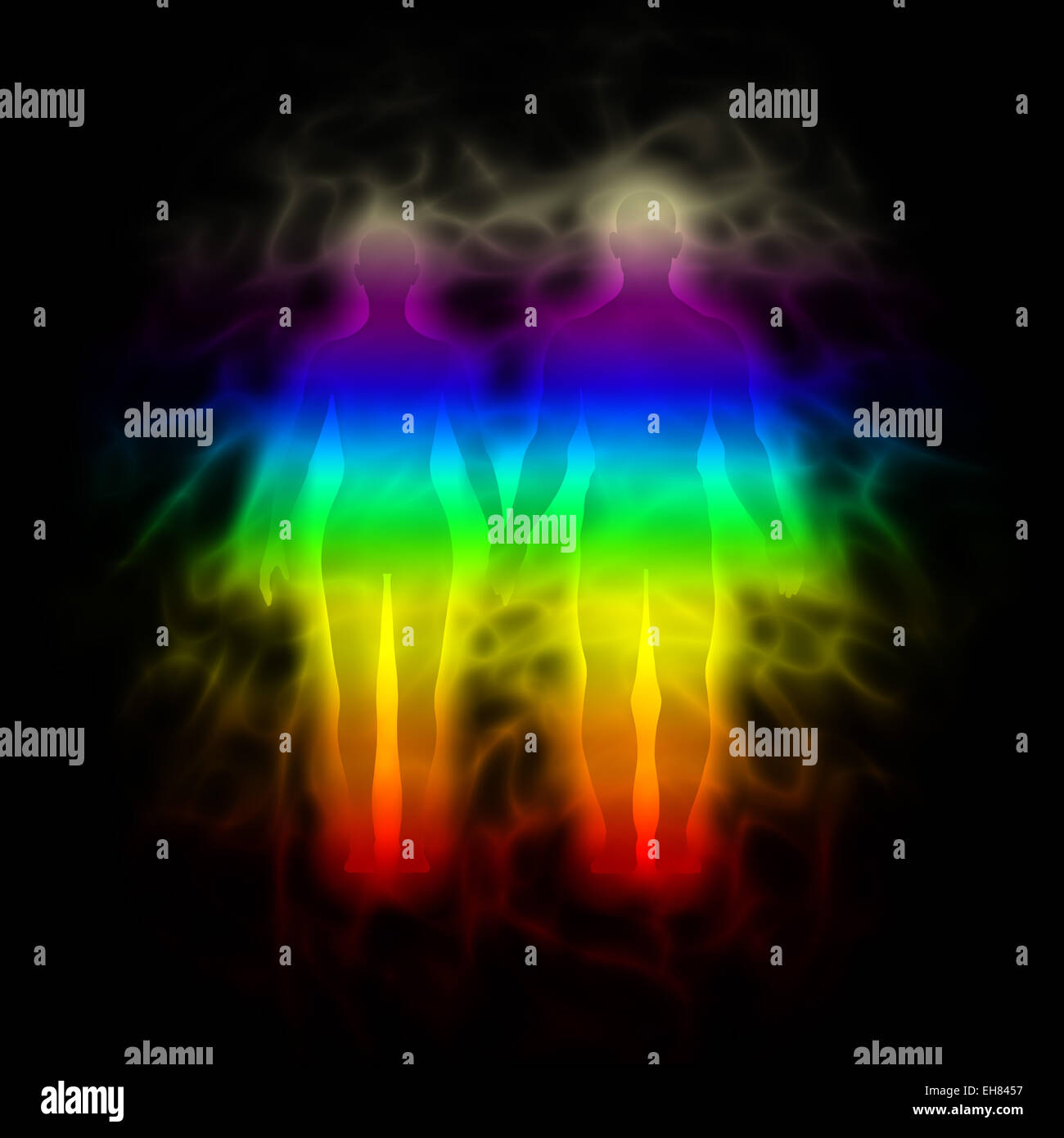 Regenbogen-Silhouette der Frau und Mann mit aura Stockfoto