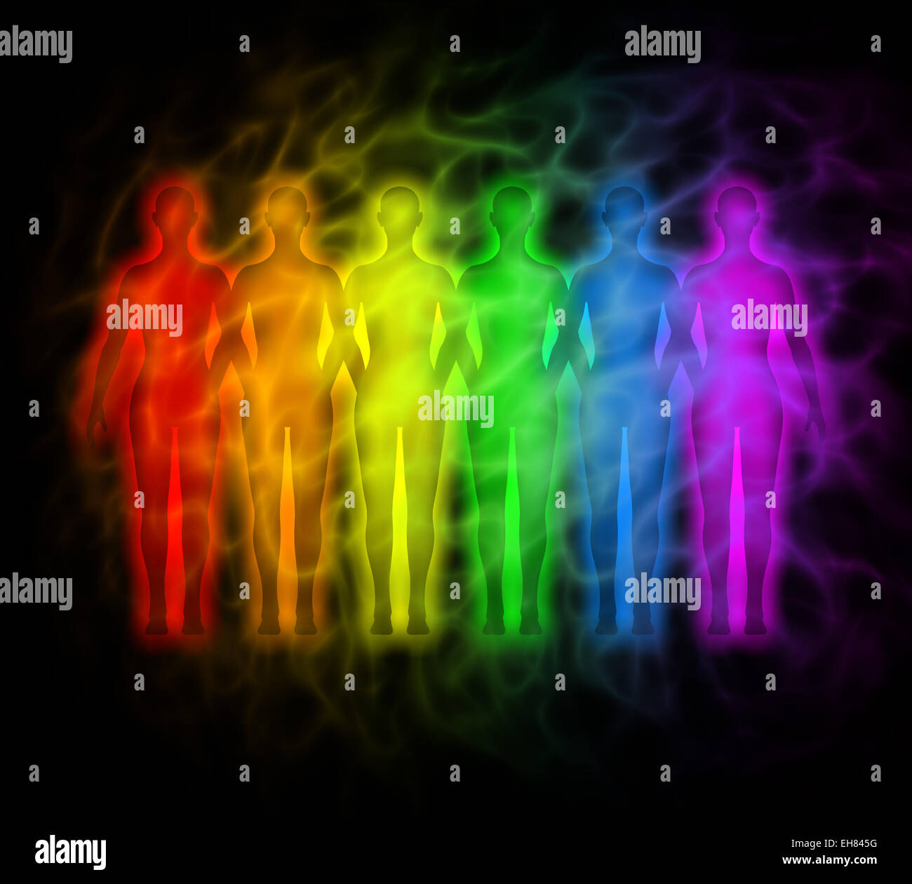 Menschen mit Regenbogen Silhouetten der menschlichen aura Stockfoto