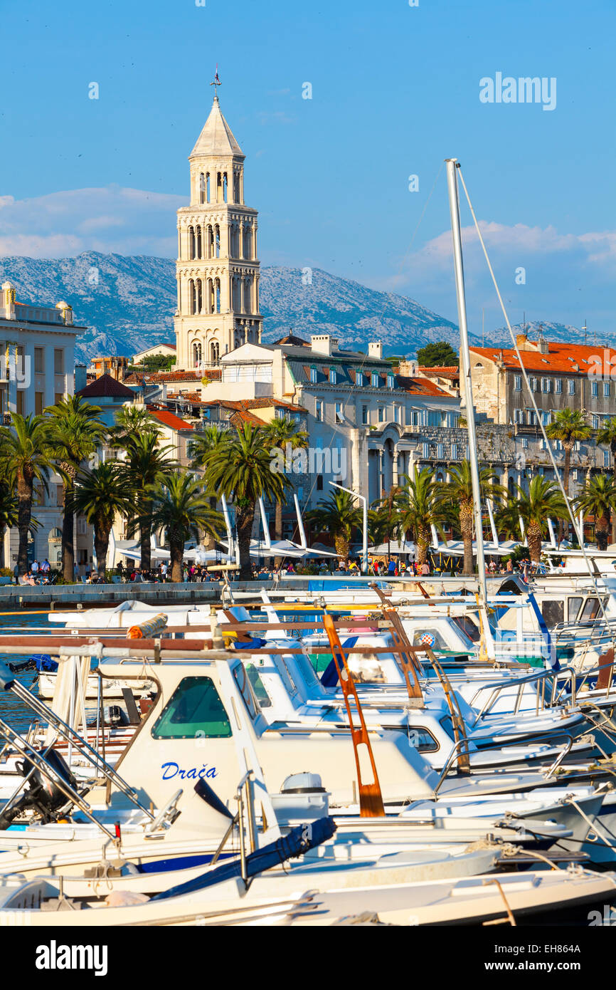 St. Domnius Cathedral Glockenturm und malerischen Hafen, Europa, Zentral Dalmatien, Kroatien, Split, Stari Grad (Altstadt) Stockfoto