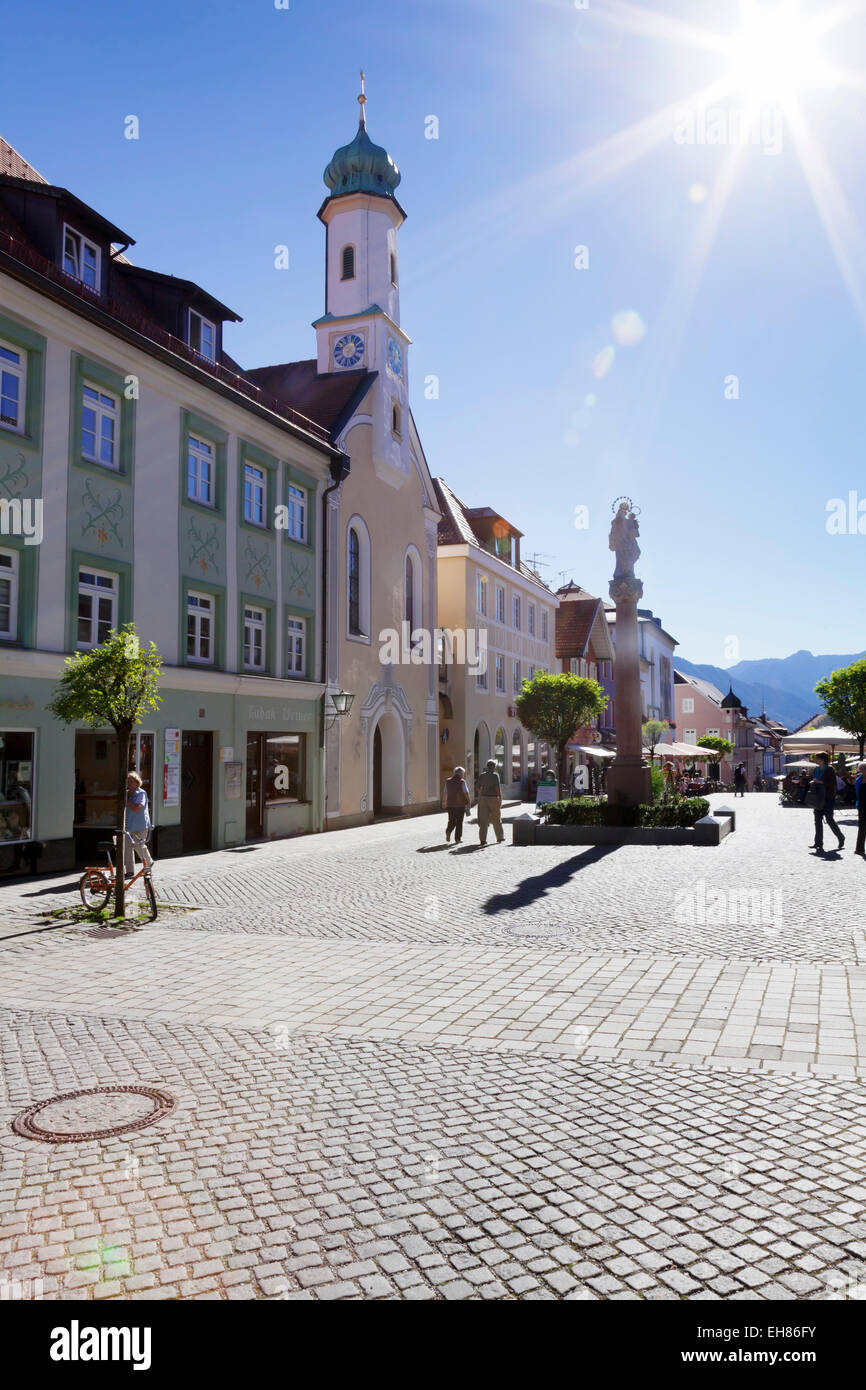 Untermarkt Marktplatz, Maria-Hilf-Kirche,, Murnau bin Staffelsee, Thuringia Land, Upper Bavaria, Bayern, Deutschland, Europa Stockfoto