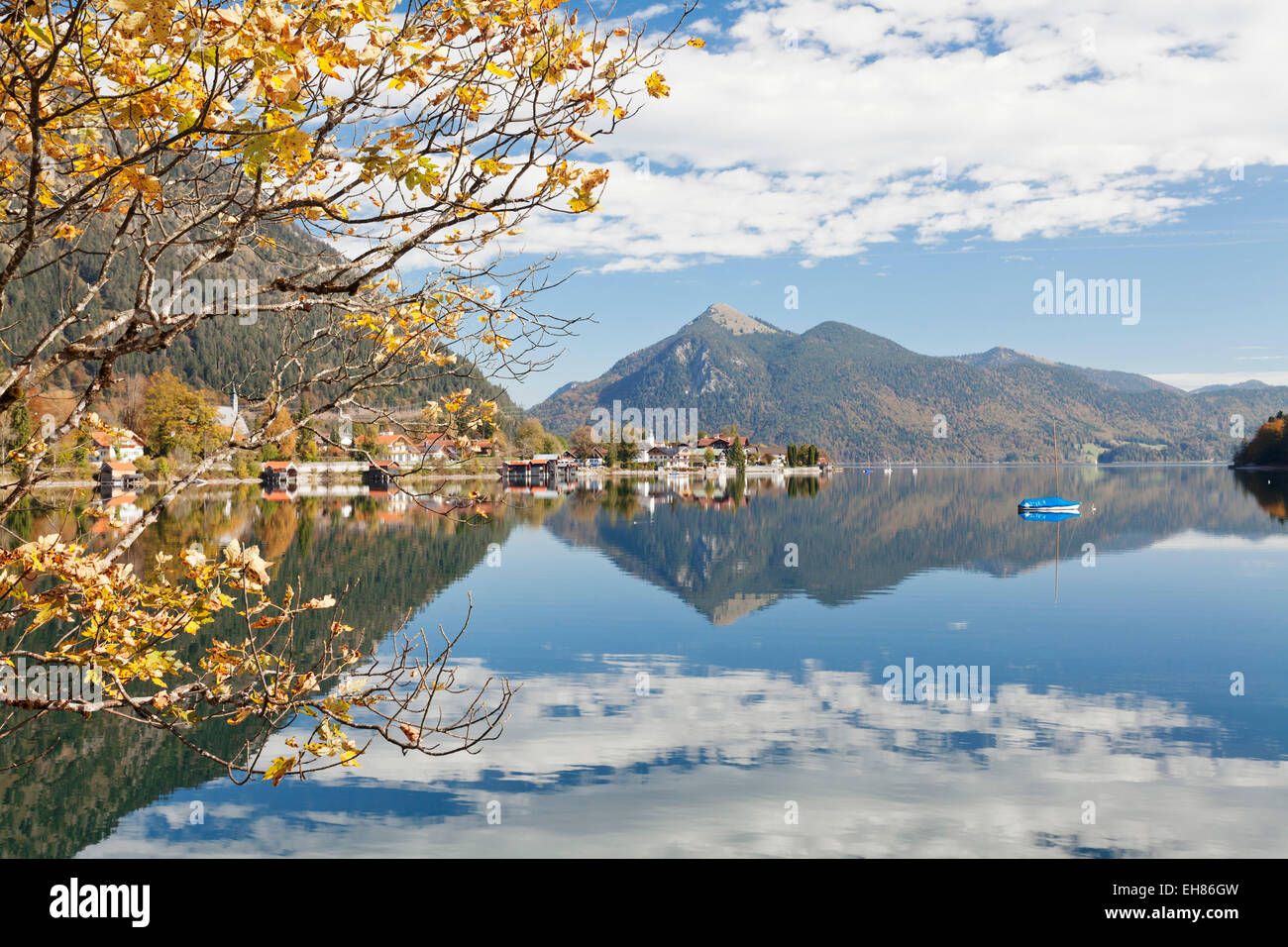 Dorf Walchensee und Jochberg Berg reflektiert im Walchensee-See im Herbst, Bayerische Alpen, Upper Bavaria, Bavaria, Germany Stockfoto