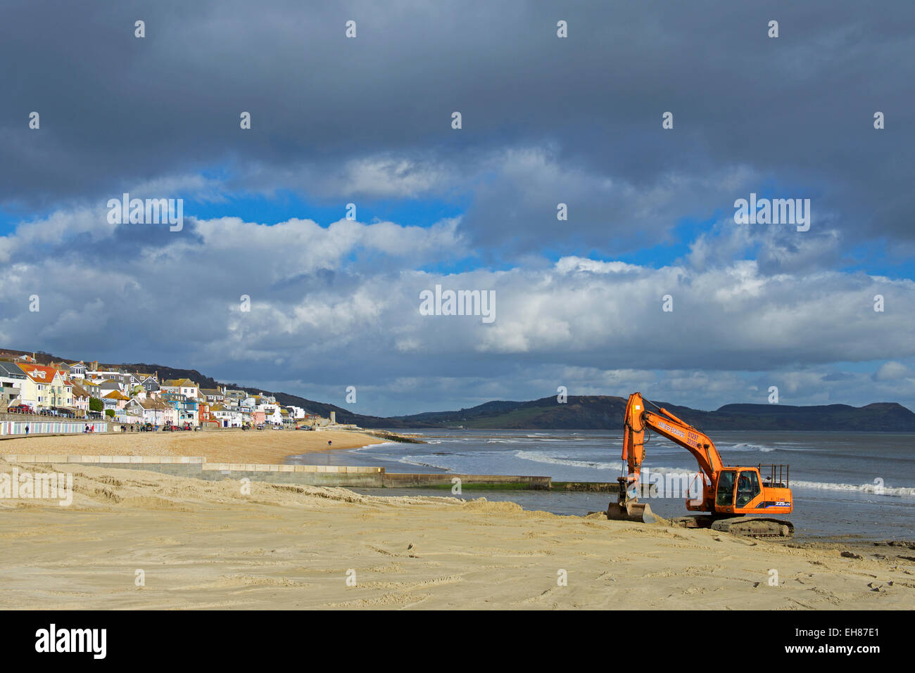 Nivellierung des Strands mit einem JCB Bagger, Lyme Regis, Dorset, England UK Stockfoto