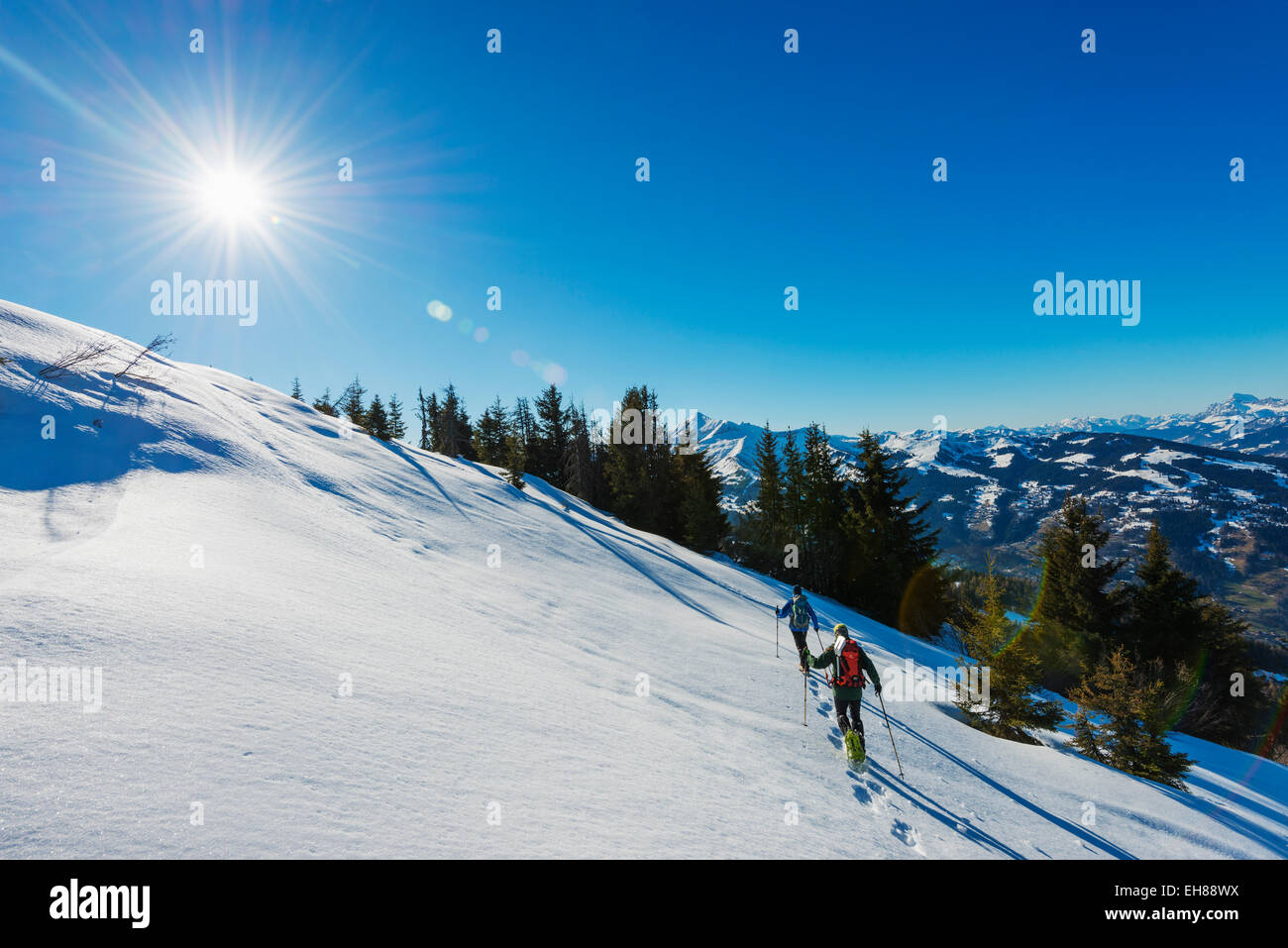 Schnee, Schneeschuhwandern im Tal von Chamonix, Rhone Alpes, Haute Savoie, Frankreich, Les Houches, Europa Stockfoto
