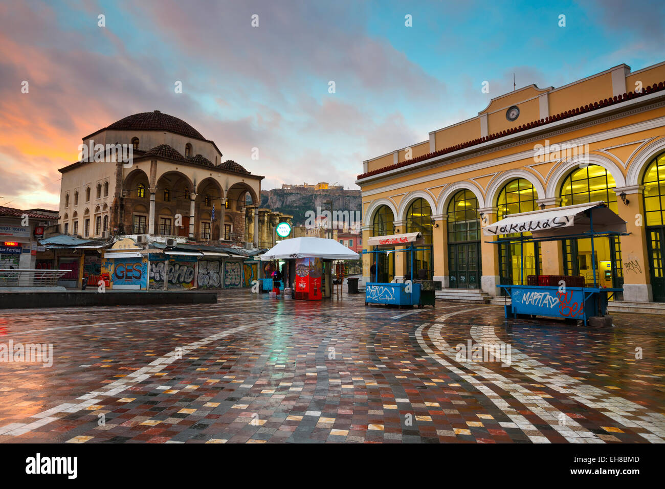 Monastiraki Platz früh am Morgen, Athen, Griechenland. Stockfoto