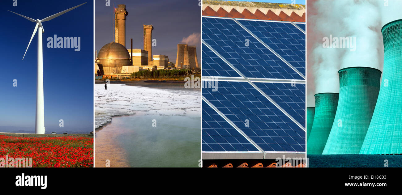 Energie- und Stromerzeugung - Windkraft, Kernenergie, Solarenergie und Kohle betriebene Kraftwerk. Stockfoto