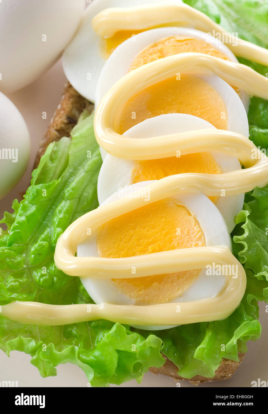 Ei-Sandwich mit grünem Salat und Mayonnaise. Stockfoto