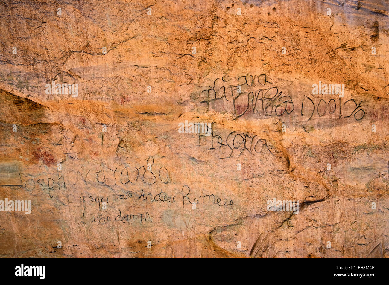 Andres Romero Inschrift an El Morro Rock, Inschrift Trail, El Morro National Monument, New Mexico, USA Stockfoto