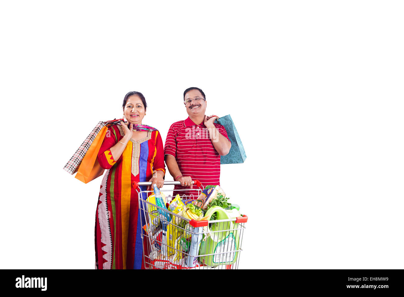 2 indische Senioren verheiratet Paare trolley Shopping Stockfoto