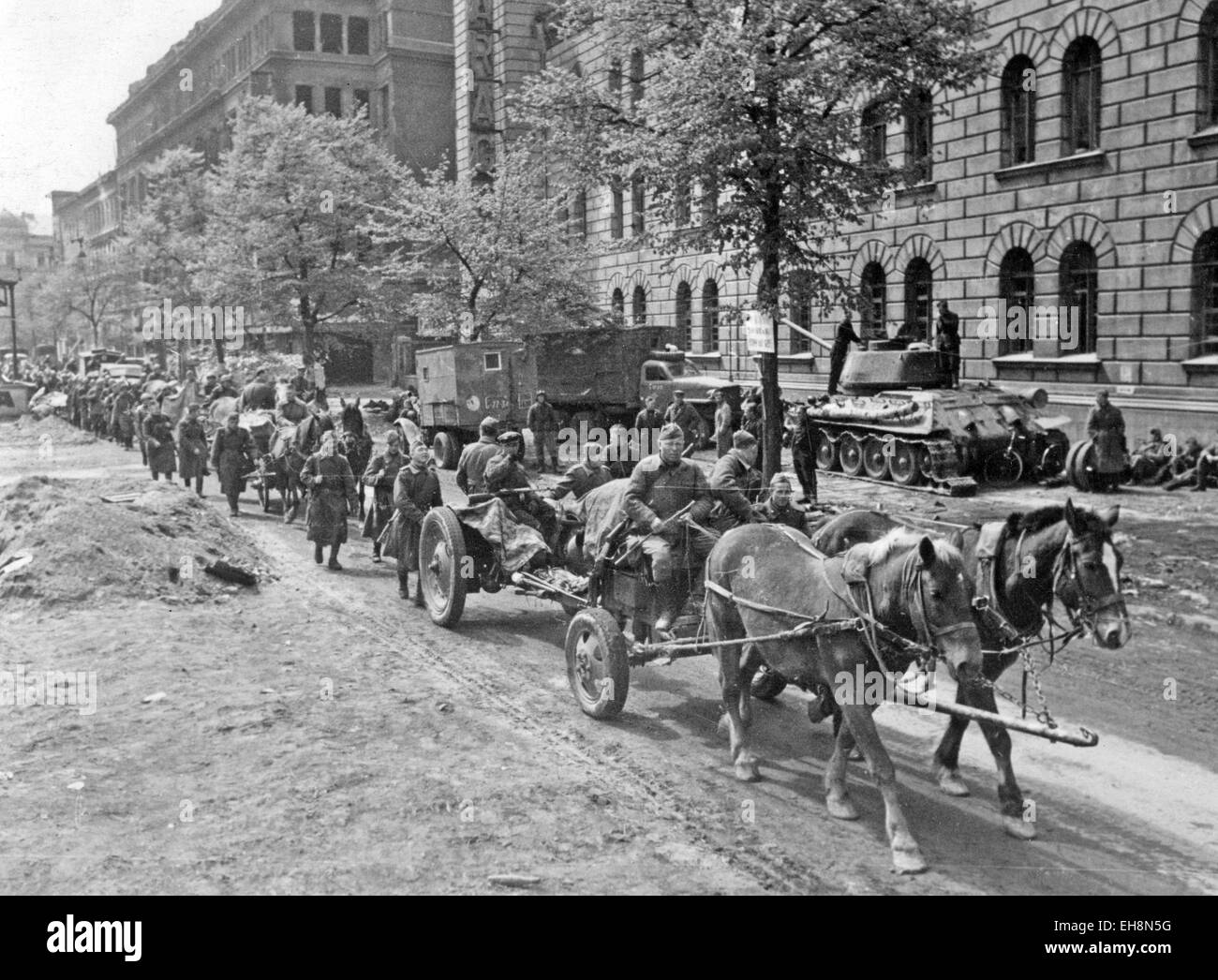 SOWJETARMEE IN BERLIN. Pferd gezogene Artillerie in einer Berliner Straße im April 1945 Stockfoto