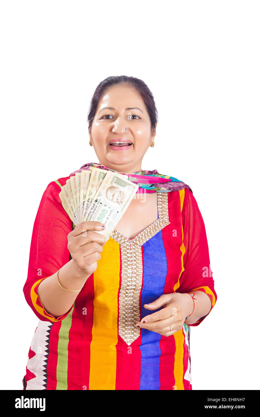 1 indische Senioren Erwachsene Frau Geld zeigen Stockfoto