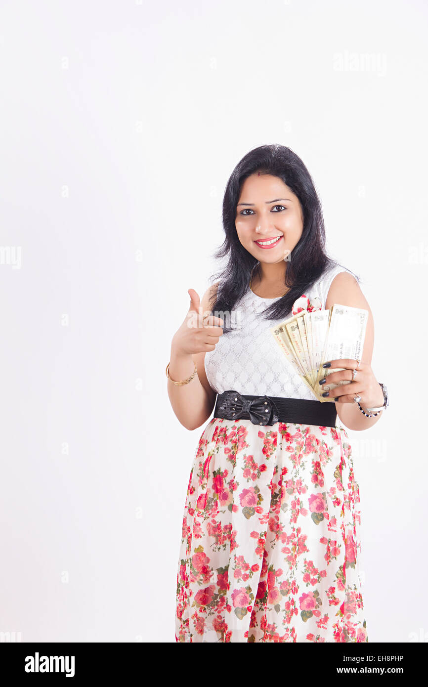 1 indische Erwachsene Frau Geld mit Schuldzuweisungen Stockfoto