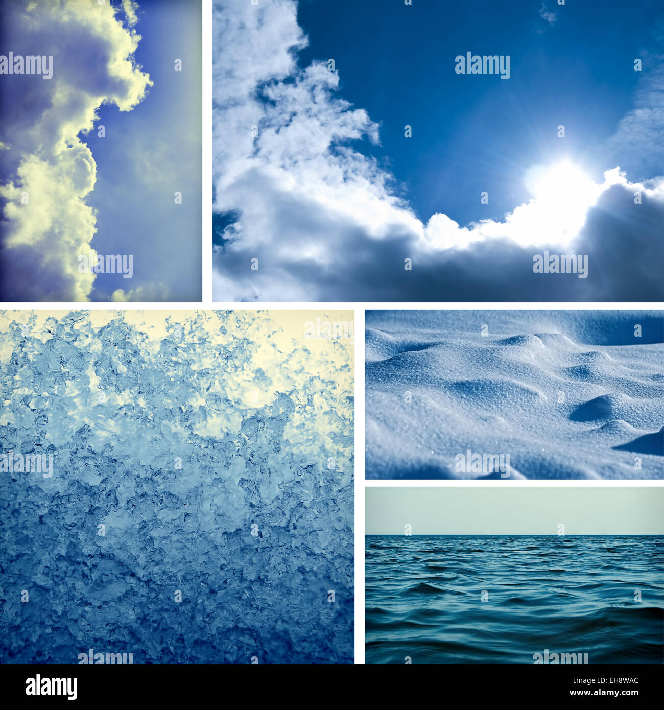 Collage mit verschiedenen natürlichen klimatischen Elementen. Himmel, Wolken, Sonne, Schneeschmelze, Schneeverwehungen, Ozean Stockfoto