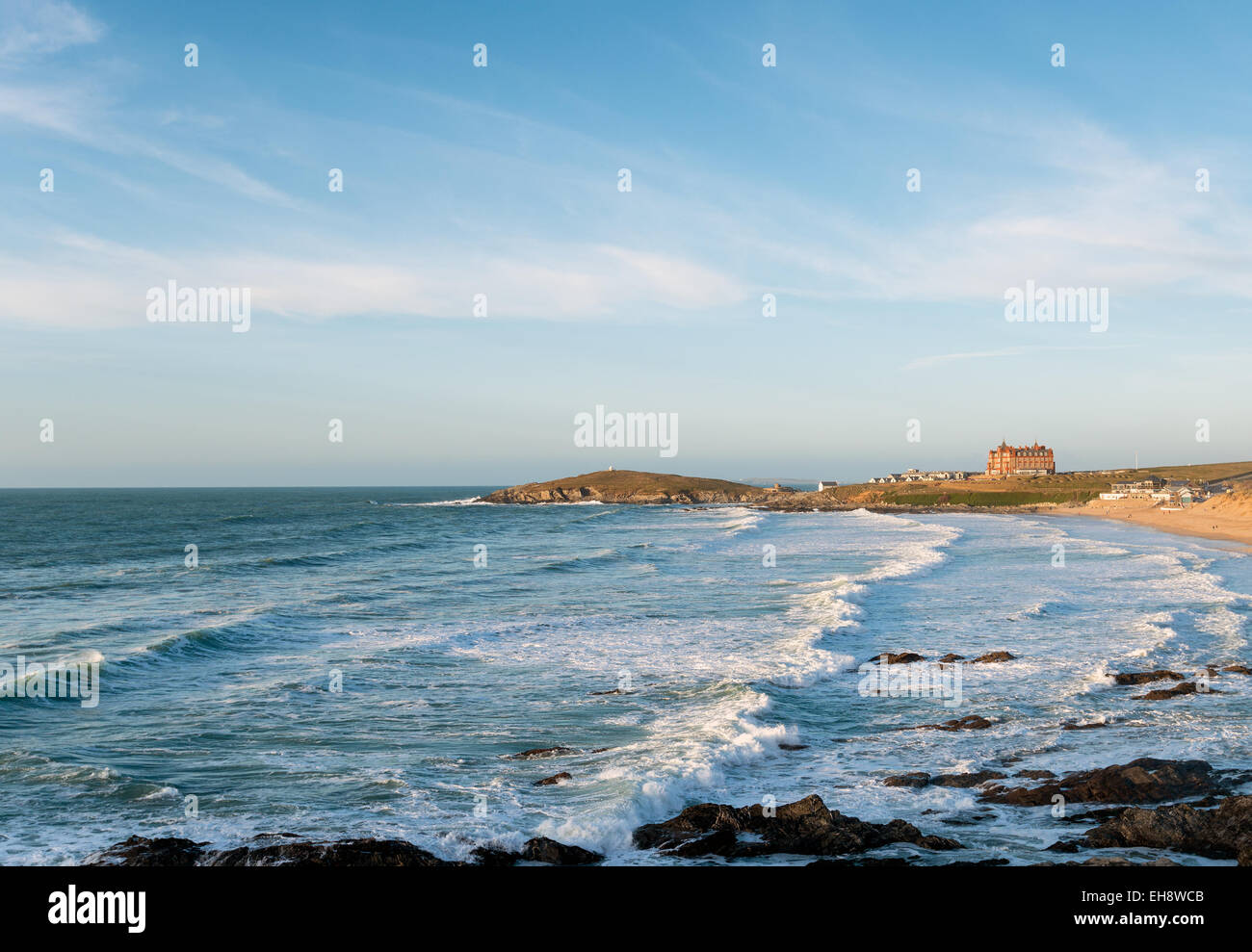 Blick auf Fistral Strand von Newquay an der Nordküste von Cornwall Stockfoto