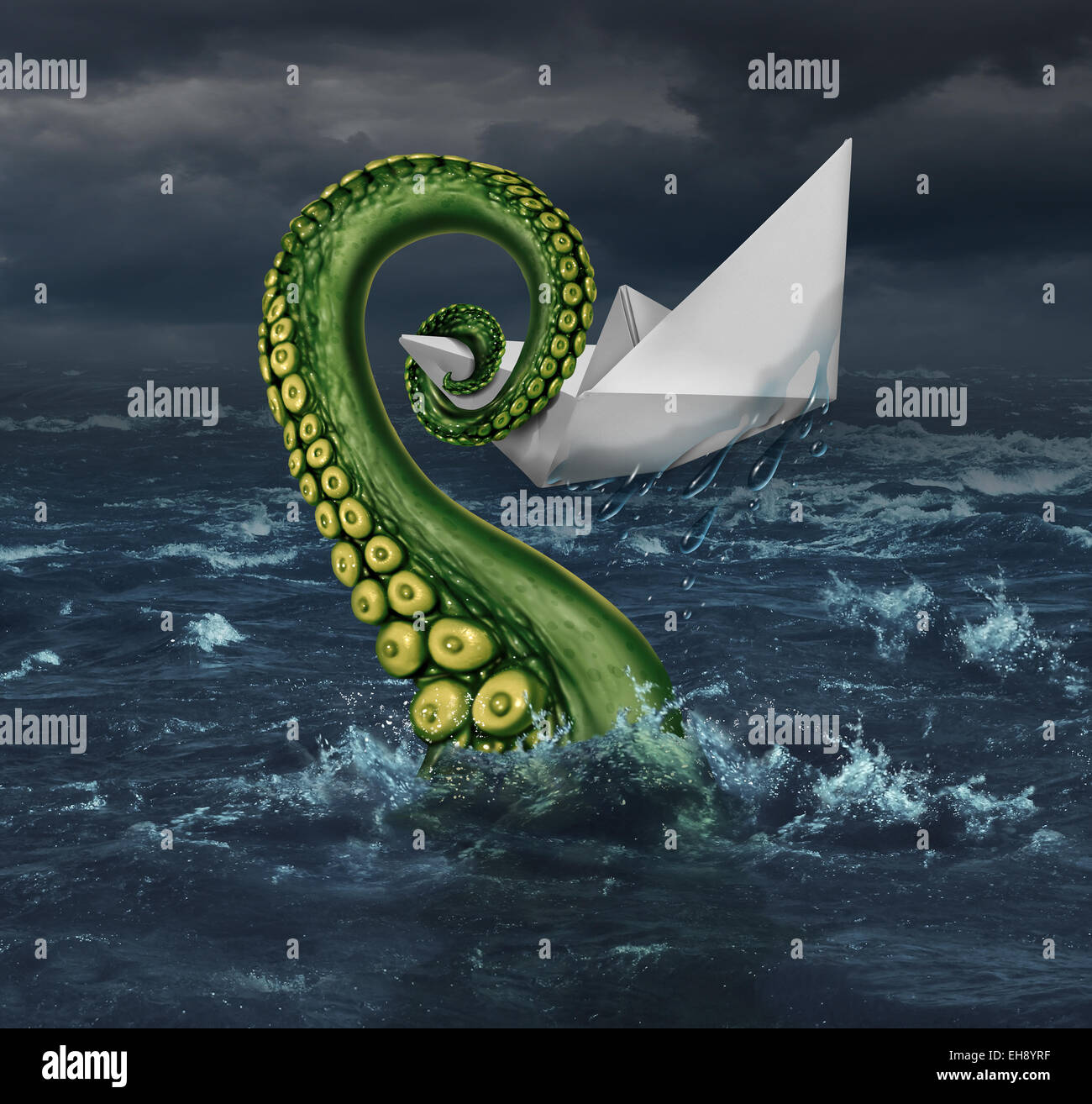 Unternehmen Ärger und finanzielle Falle Konzept als Origami Paper Boot in stürmischer See, von einem Monster Tentakel drückte das Opfer als Metapher für Karriere und Entrepreneur Risiko gefangen. Stockfoto