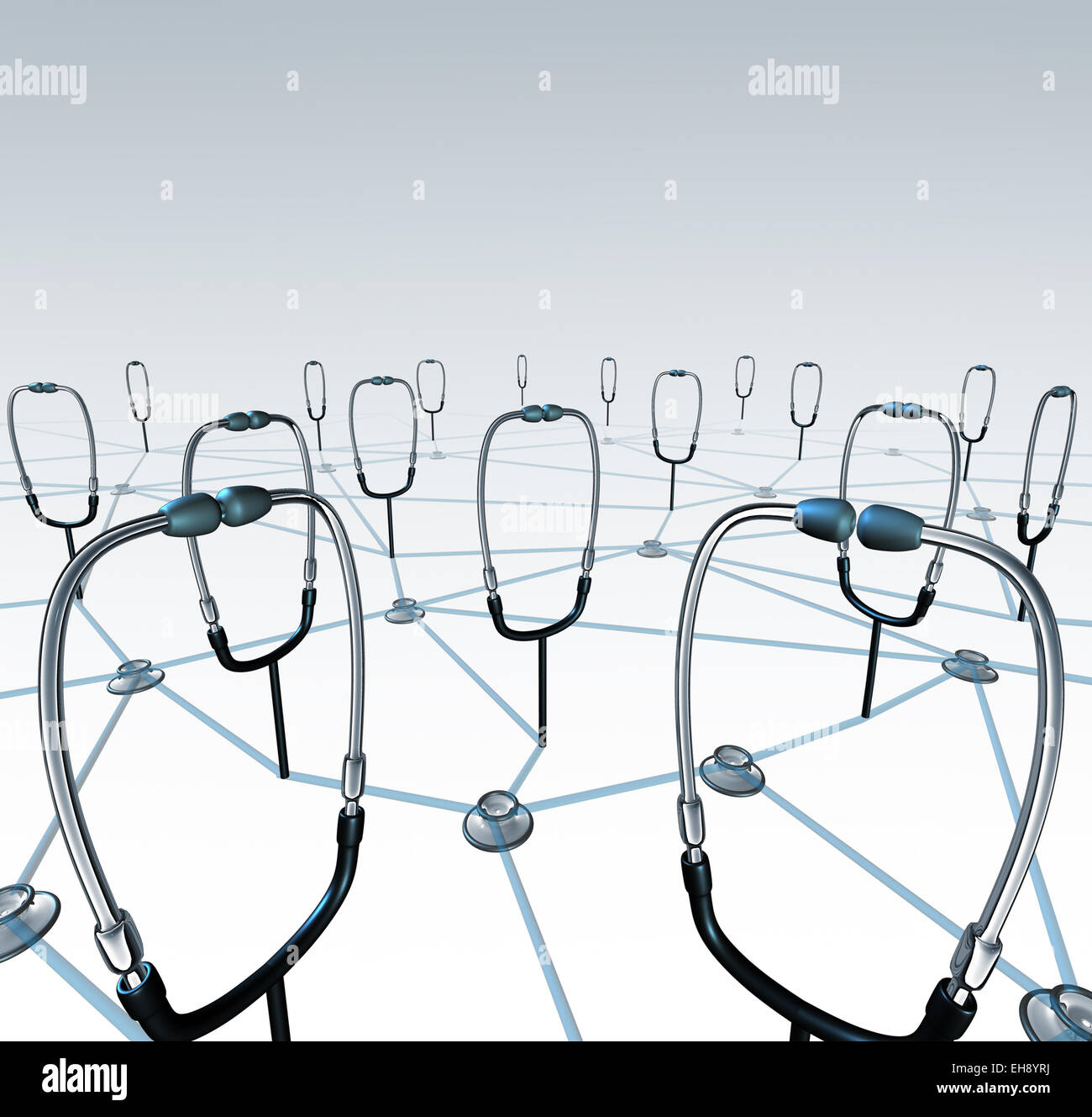 Arzt-Netzwerk und medizinische Aufzeichnungen austauschen Konzept als eine Gruppe von verbundenen Arzt Stethoskope, gemeinsame Nutzung von Daten durch ein virtuelles Netzwerk-Gesundheitssystem. Stockfoto