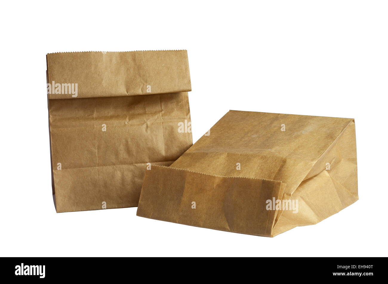 Zwei Brown Paper Bag Lunch auf weißem Hintergrund. Stockfoto