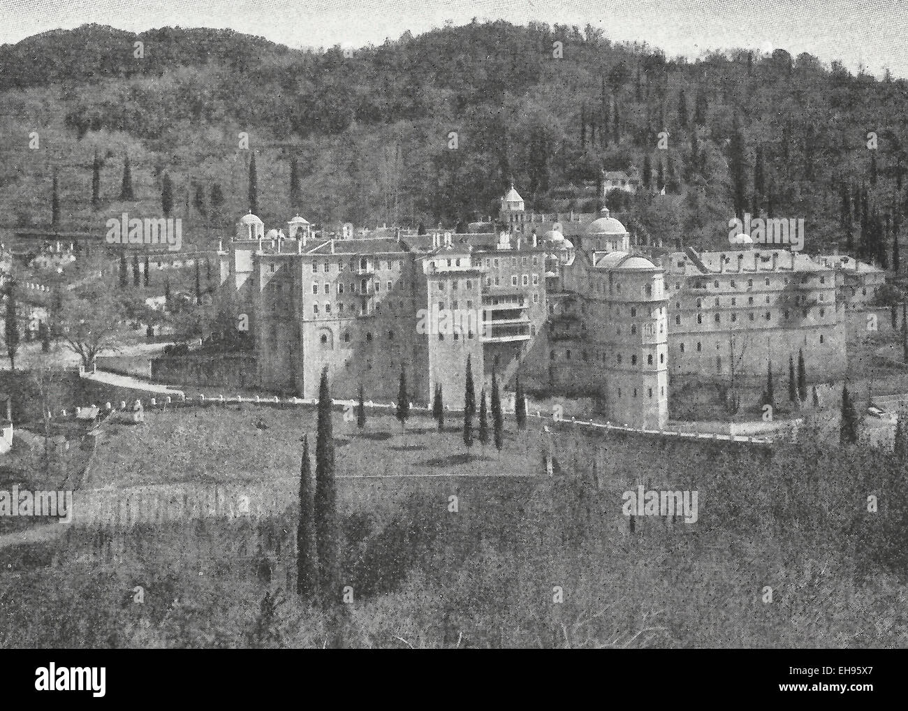 Das bulgarische Kloster Zograf.  Das Saint George Zograf Kloster oder Zograf Kloster in Griechenland, ca. 1916. Stockfoto