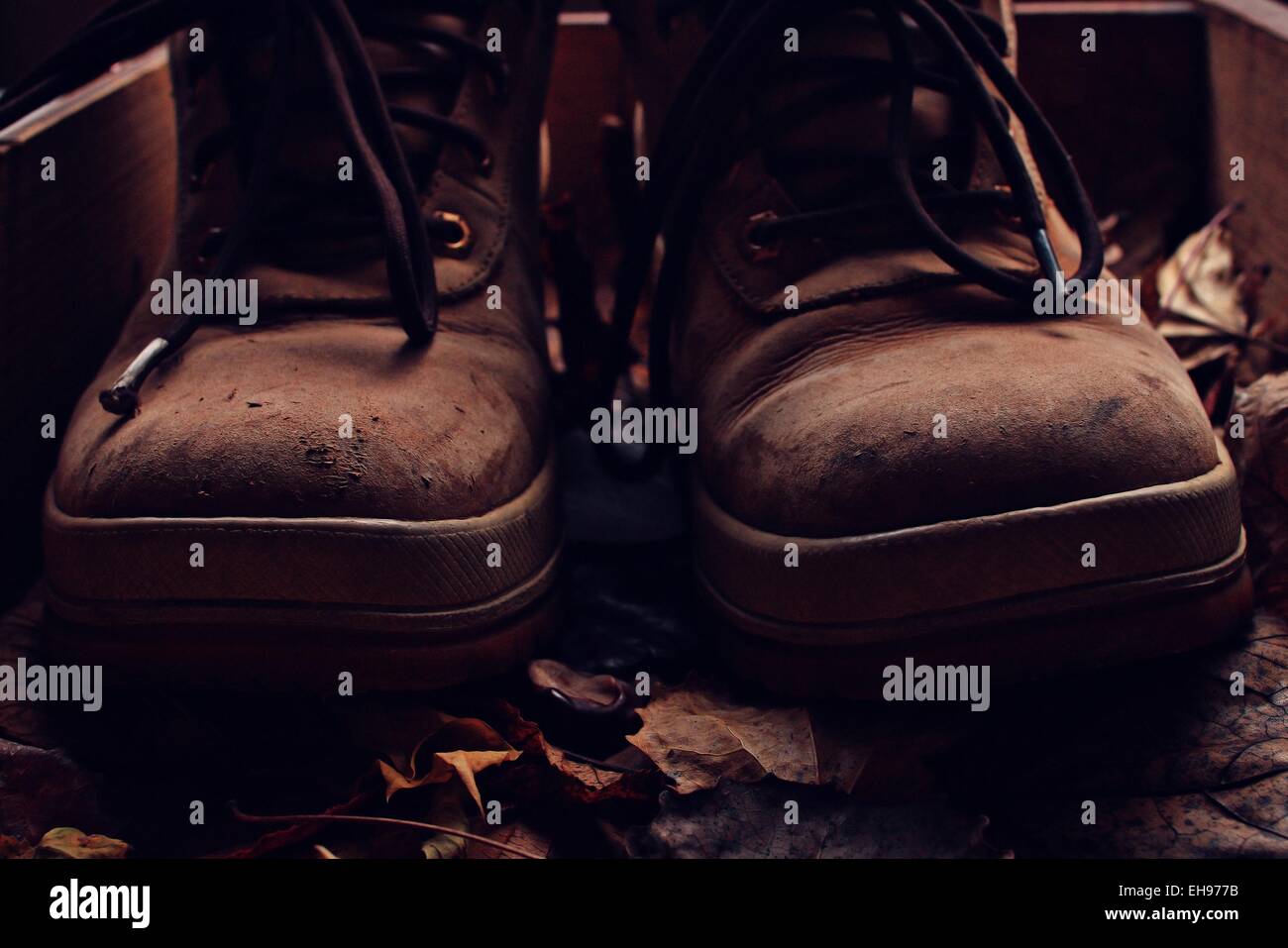 alten Herbstlaub gebrochenen Leder Schuhe tour Stockfoto